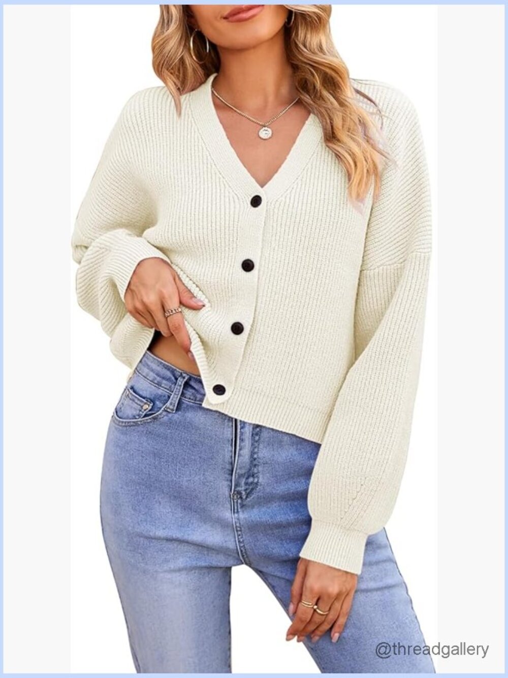 Crop Cardigan Sweater V-Neck Batwing Long Sleeve Ribbed Knit